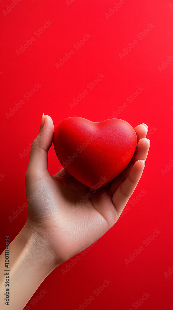 Woman holding a red heart in her hand against a red background for valentine's day Woman holding a red heart in her hand against a red background for valentine's day