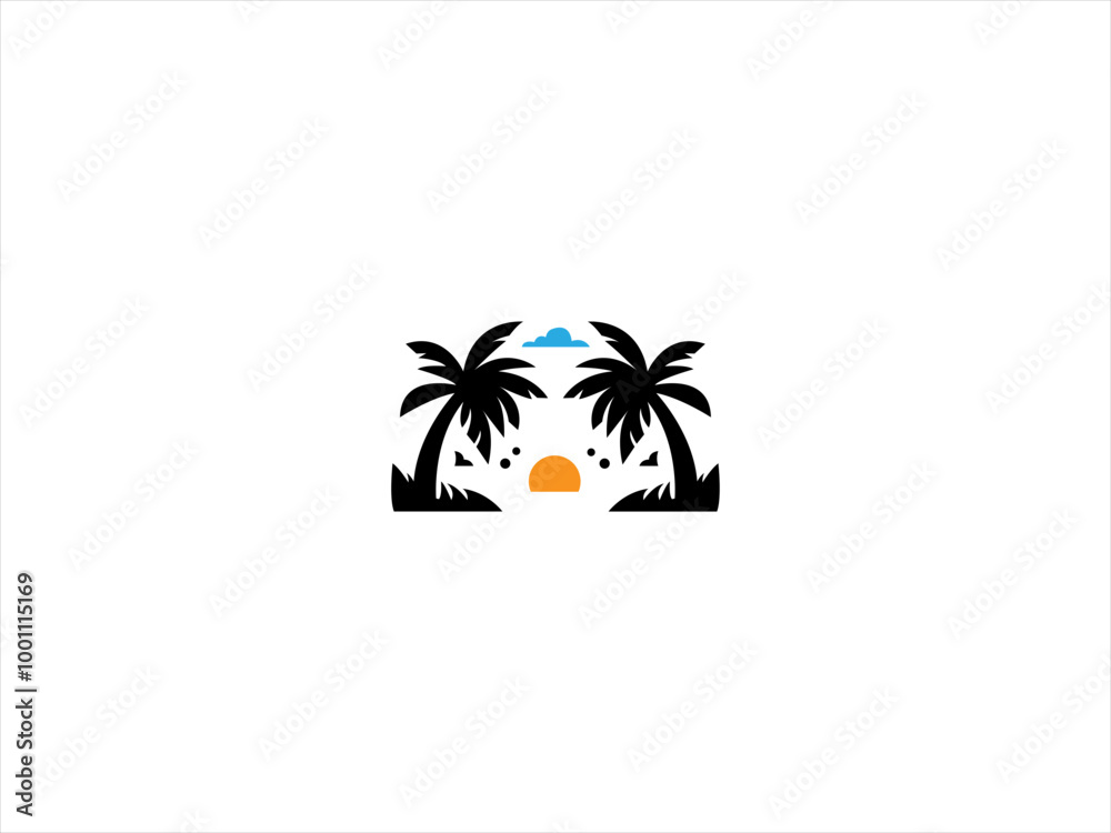 Naklejka premium Hawaii beach logo.The logo incorporate elements like palm trees, ocean waves, and a golden sun to represent relaxation and natural beauty. 