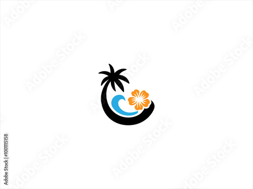  Hawaii beach logo.The logo incorporate elements like palm trees, ocean waves, and a golden sun to represent relaxation and natural beauty. 