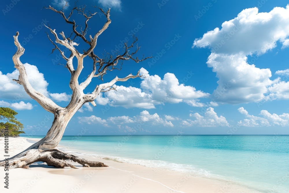 Serene tropical beach with driftwood tree Serene tropical beach with driftwood tree