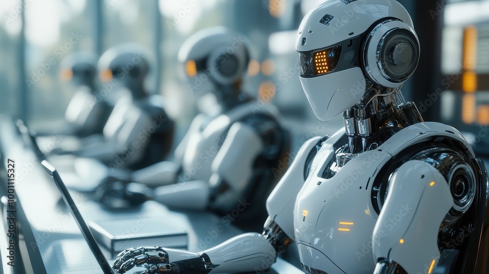 Fototapeta premium Robots at Work: Futuristic Office Scene with Humanoid Machines.