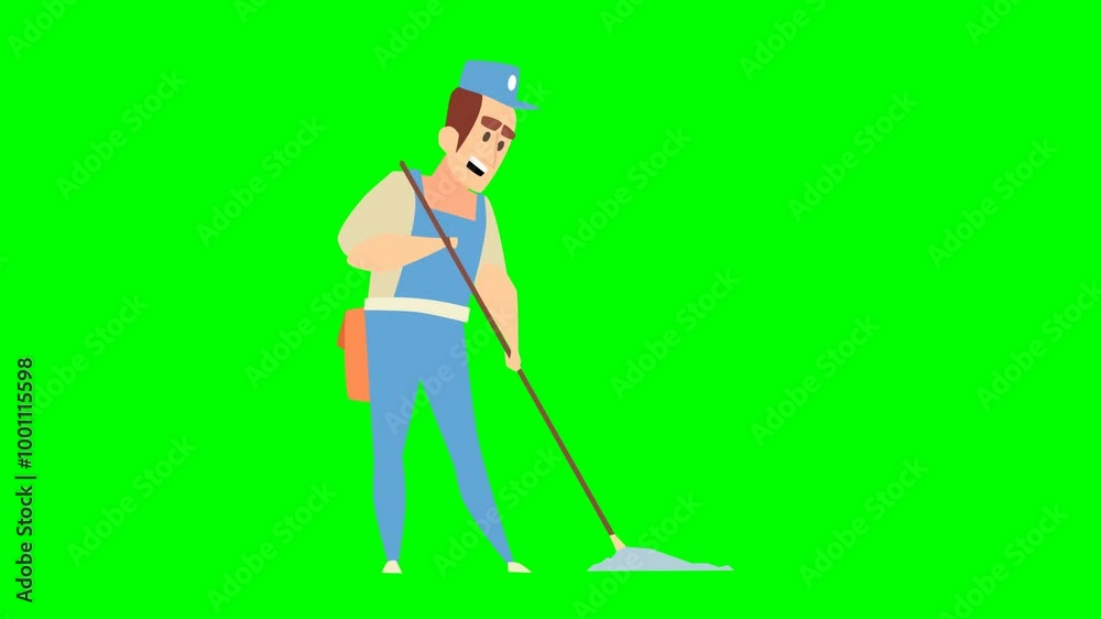 2d animated character of A sweeper or a cleaner cleaning and mopping the floor of a hall or a ceramic room or flooring . in green screen background chroma key. 2d animated character of A sweeper or a cleaner cleaning and mopping the floor of a hall or a ceramic room or flooring . in green screen background chroma key.