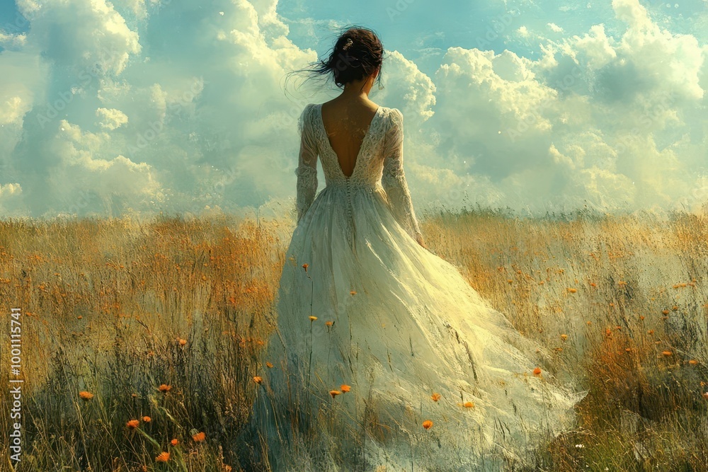 jewish woman in a white dress standing in a field embodying an ethereal ...