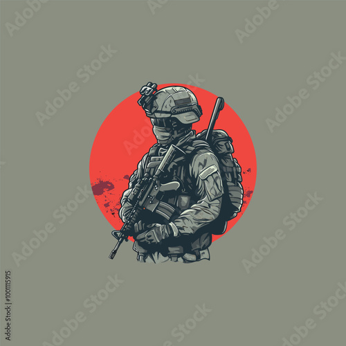 Soldier in full combat gear Flat vector illustration

