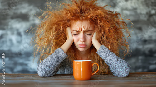 Young woman with disheveled hair sitting at kitchen table, drinking coffee drink from the mug or cup in the morning, sleepy girl early wake up refreshment, Monday depression, exhausted, energy,drowsy