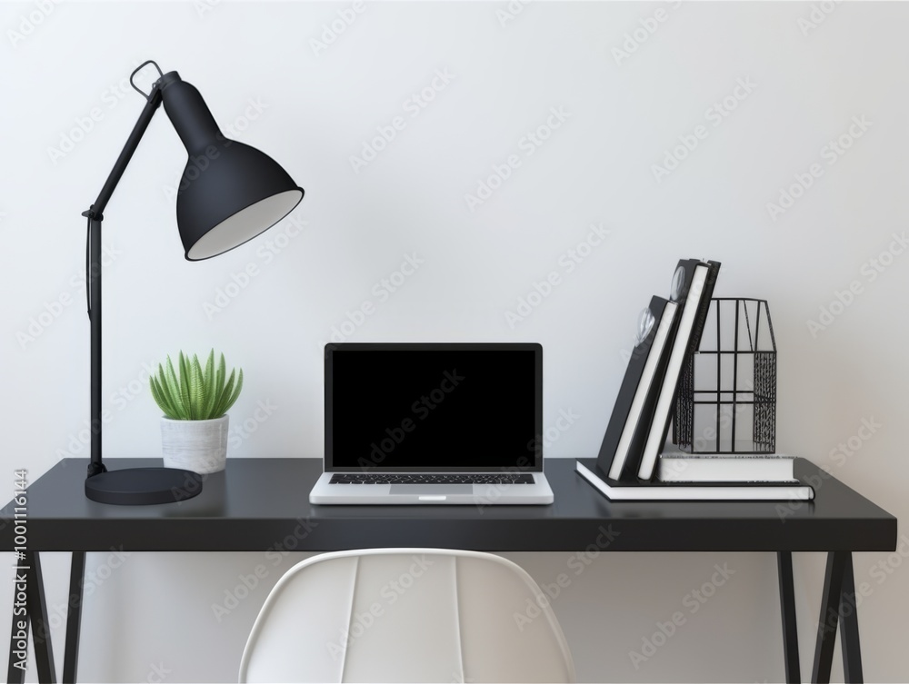 Fototapeta premium Workstation with computer desk, lamp and minimalist chair generated AI