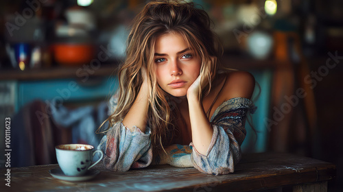 Young woman with disheveled hair sitting at kitchen table, drinking coffee drink from the mug or cup in the morning, sleepy girl early wake up refreshment, Monday depression, exhausted, energy,drowsy