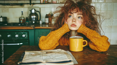 Young woman with disheveled hair sitting at kitchen table, drinking coffee drink from the mug or cup in the morning, sleepy girl early wake up refreshment, Monday depression, exhausted, energy,drowsy