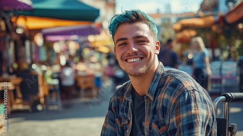 Young Man with Turquoise Hair Smiling Outdoors in Vibrant Street Market, Diverse Stock Photography for Travel and Lifestyle