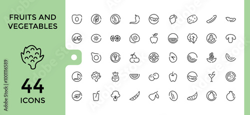 Fruits and vegetables line icons set, Big UI icon collection in a app design. Thin outline icons pack. editable stroke outline icons collection, vector illustration. Pixel perfect.