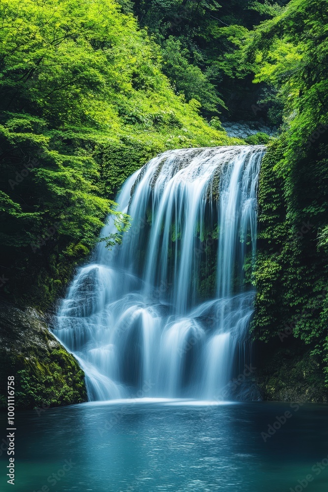 Fototapeta premium Lush green forest waterfall flowing into turquoise pool