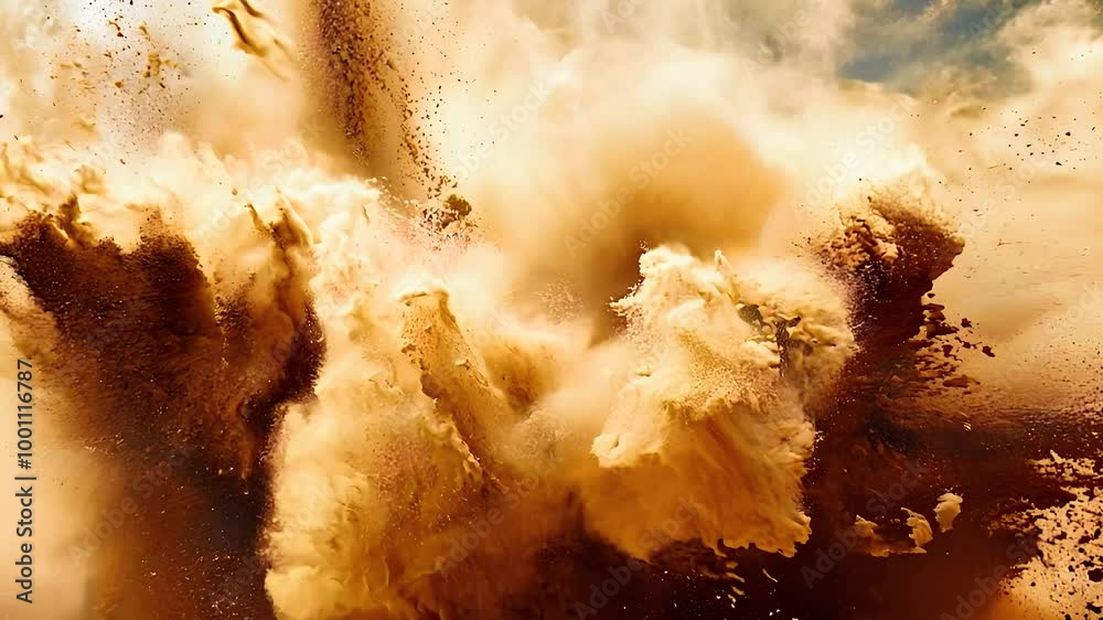 Powerful dust explosion with dynamic motion and debris scattering, showcasing intense energy and chaos in a natural disaster scene.