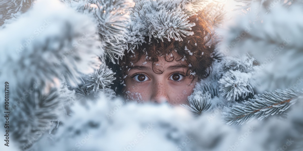 Mysterious eyes peeking through snowy branches Mysterious eyes peeking through snowy branches