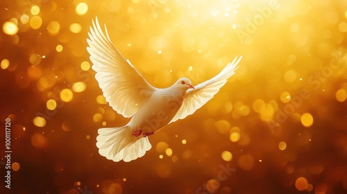Flying dove holy spirit on golden shiny background, holy banner background, love and peace, copy space