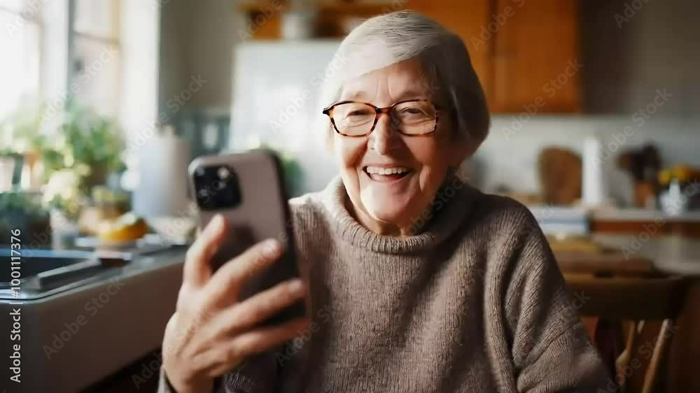 Happy Senior Woman Using Smartphone for Video Call at Home Happy Senior Woman Using Smartphone for Video Call at Home