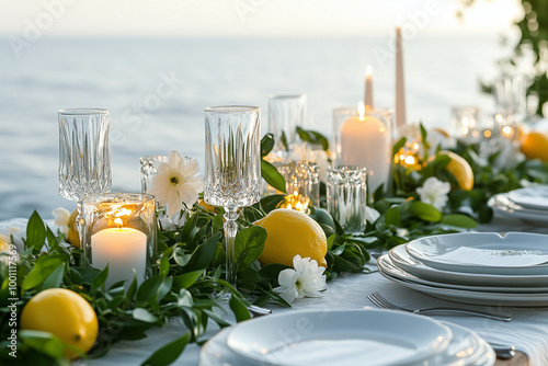 A beautifully set dining table party for an outdoor wedding, featuring a pristine white tablecloth and rustic woodfern candleholders decorated with delicate fruits and flowers,
 photo