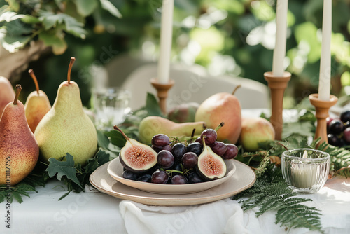 A beautifully set dining table party for an outdoor wedding, featuring a pristine white tablecloth and rustic woodfern candleholders decorated with delicate fruits and flowers,
 photo