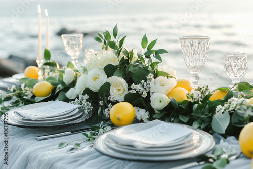 A beautifully set dining table party for an outdoor wedding, featuring a pristine white tablecloth and rustic woodfern candleholders decorated with delicate fruits and flowers,
 photo