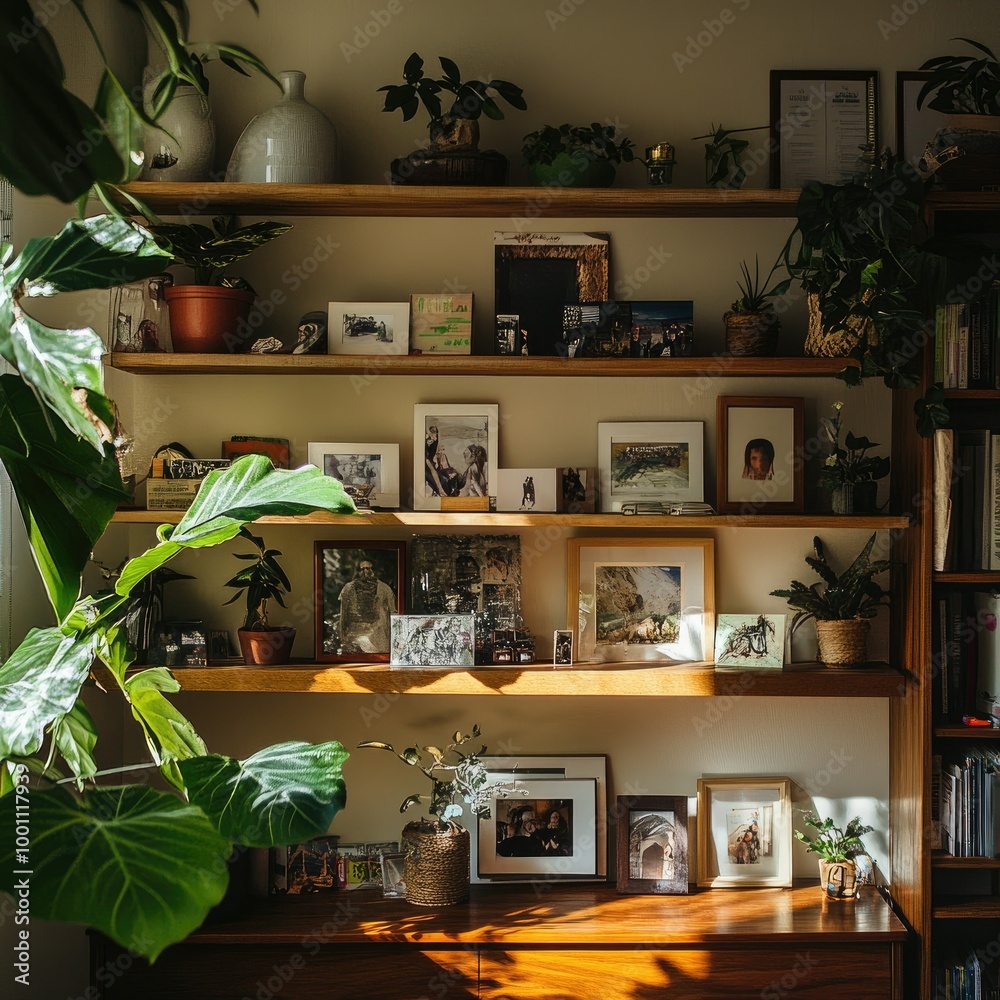 A wooden shelf in a living room adorned with family photos, souvenirs, and plants, showcasing personal memories and travel stories. - A wooden shelf in a living room adorned with family photos, souvenirs, and plants, showcasing personal memories and travel stories. -