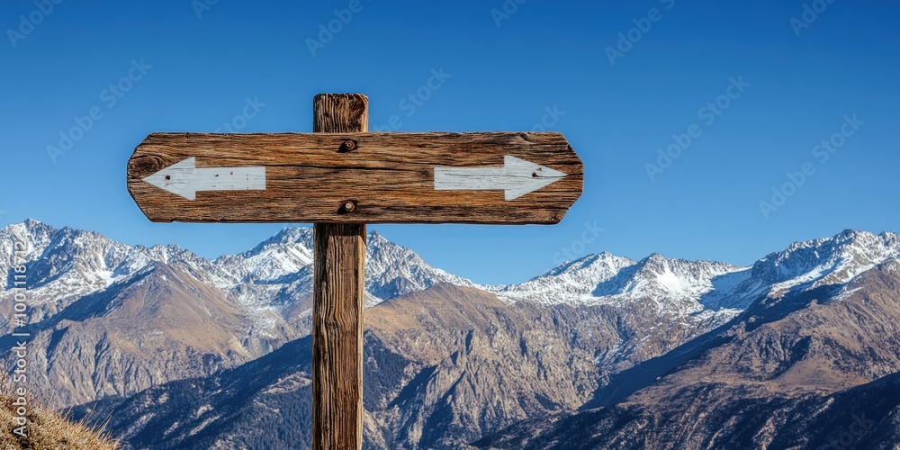 Wooden directional sign in snowy mountains Wooden directional sign in snowy mountains