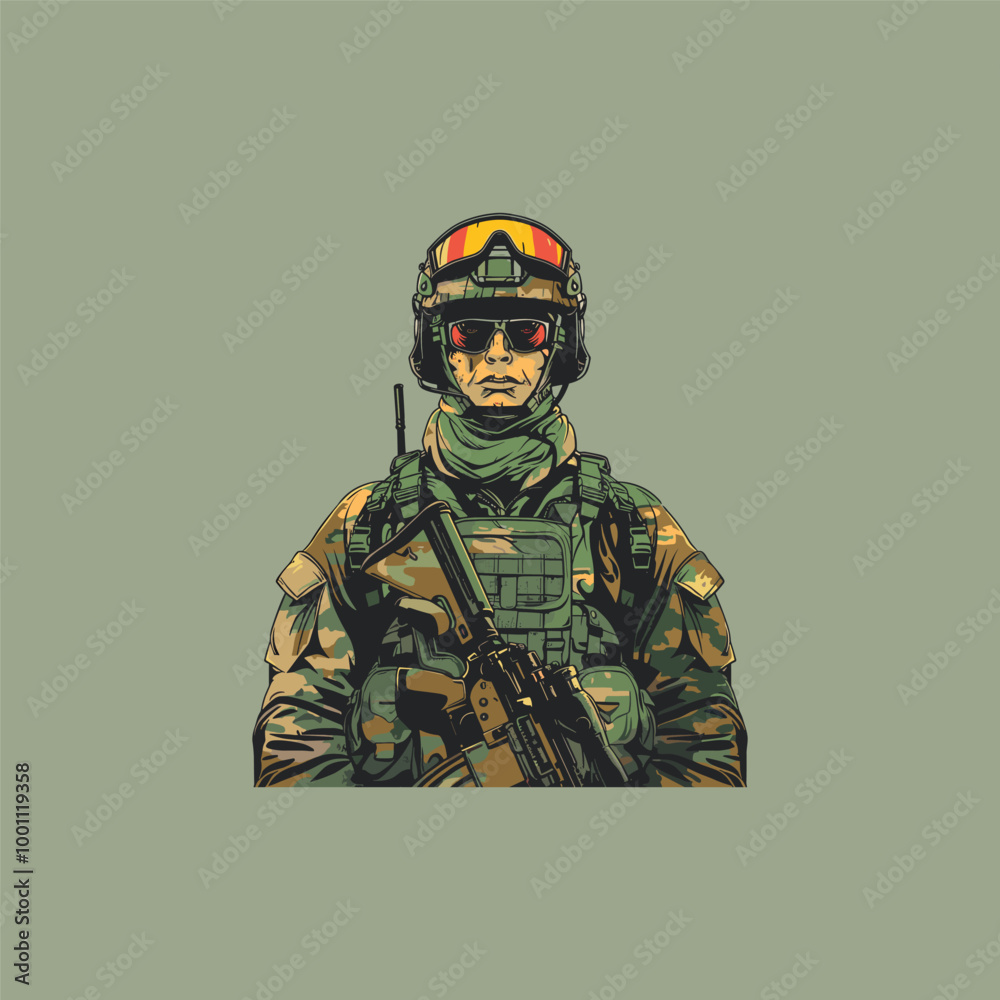 Fototapeta premium Soldier in full combat gear Flat vector illustration