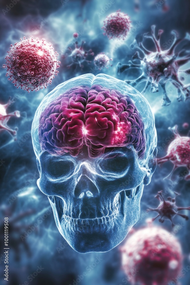 A digital illustration of a skull with a brain, surrounded by viruses, highlighting neuroscience. A digital illustration of a skull with a brain, surrounded by viruses, highlighting neuroscience.