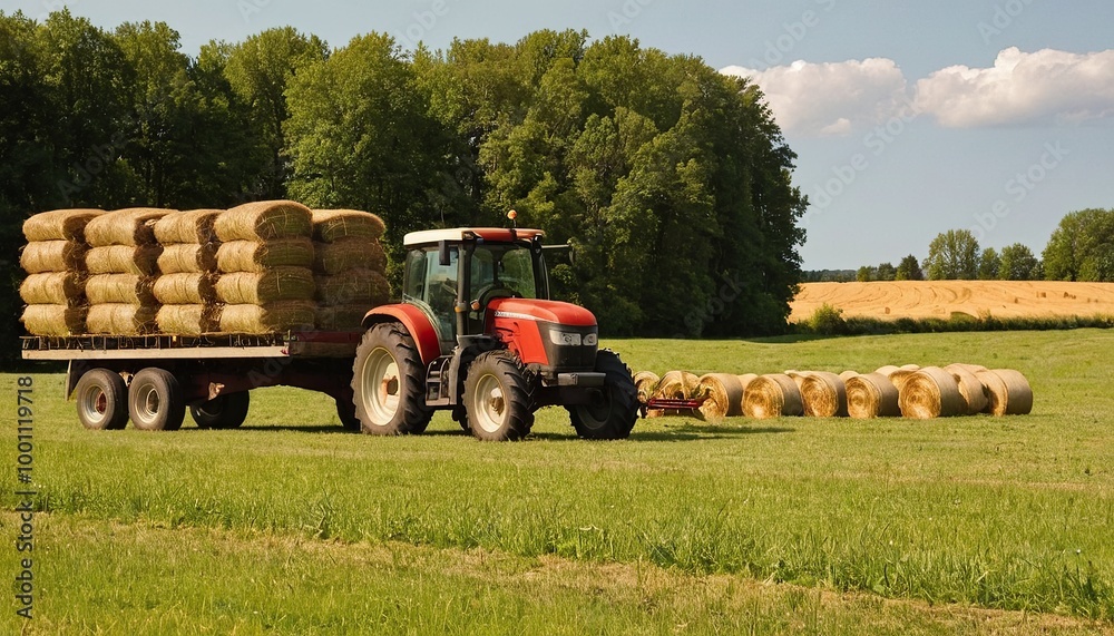 Fototapeta premium A tractor pulling a trailer loaded with hay bales across a harvested field under a blue sky 4
