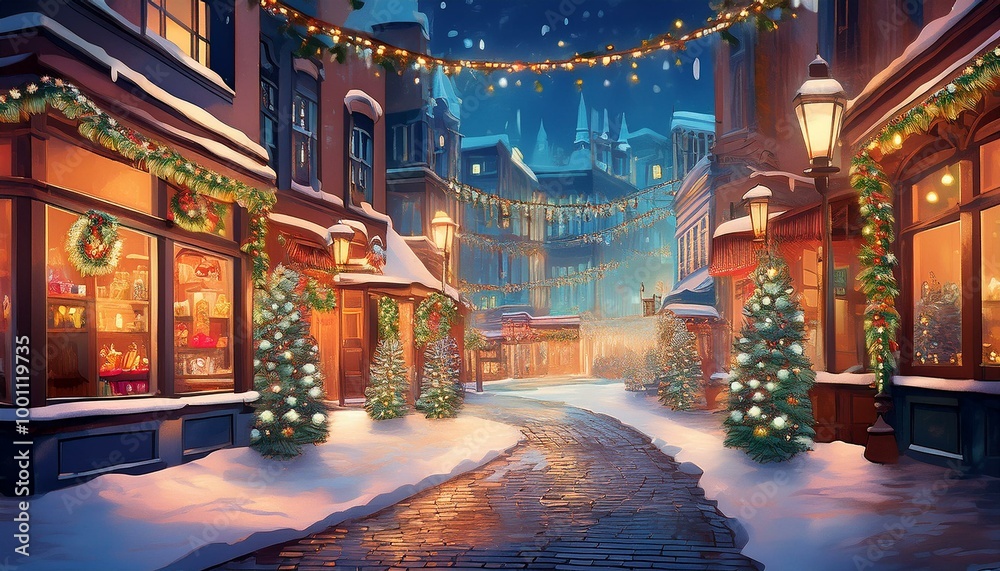 雪が降り積もった街で、通り全体がクリスマスイルミネーションで彩られている。ショップのウィンドウにはホリデーデコレーションが飾られ、家々の玄関にもリースが掛けられている 雪が降り積もった街で、通り全体がクリスマスイルミネーションで彩られている。ショップのウィンドウにはホリデーデコレーションが飾られ、家々の玄関にもリースが掛けられている