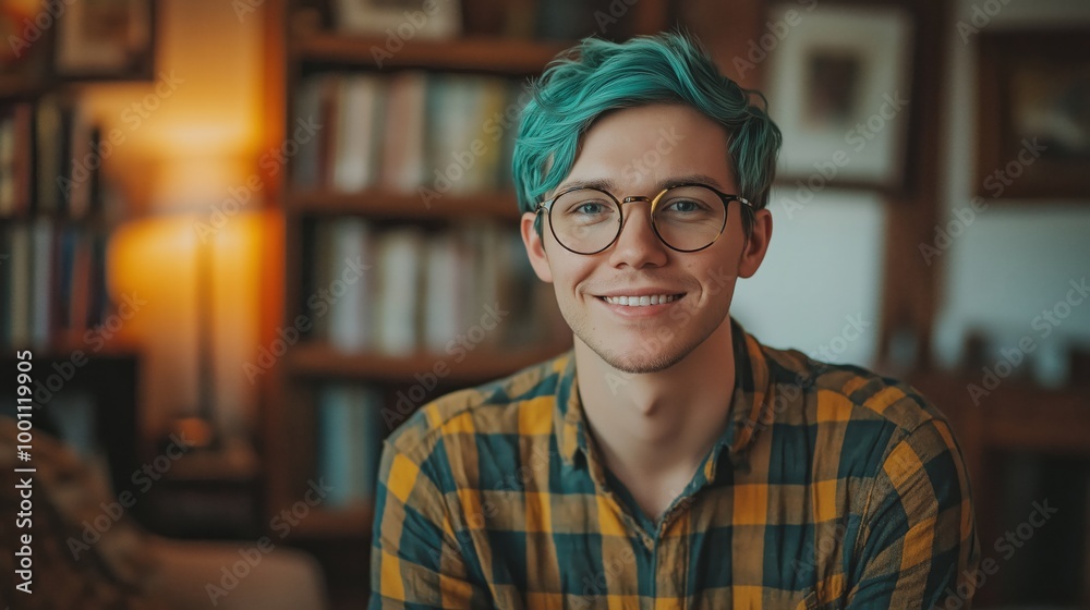 Young Man Wearing Glasses With Teal Hair and Plaid Shirt Smiling in Cozy Library, Perfect for Lifestyle and Editorial Use Young Man Wearing Glasses With Teal Hair and Plaid Shirt Smiling in Cozy Library, Perfect for Lifestyle and Editorial Use