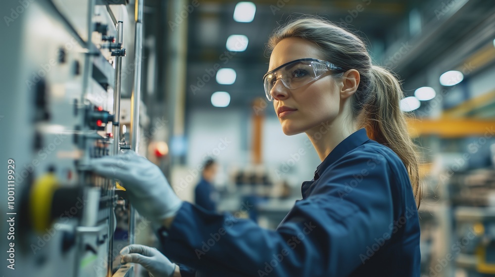 Female specialist in blue uniform and safety glasses operating industrial machinery, quality control concept for manufacturing and engineering publications Female specialist in blue uniform and safety glasses operating industrial machinery, quality control concept for manufacturing and engineering publications