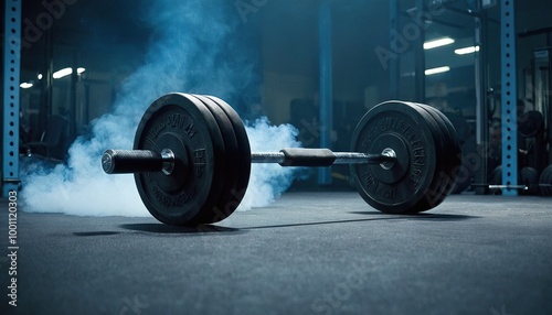 Closeup of a barbell on a concrete floor with a blue smoky background 1