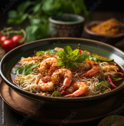 a sumptuous bowl of prawn noodles made from the freshest ingredients, fresh prawn, hand made noodles, a spicy broth infused with herbs and spices, garnished with fresh parsley