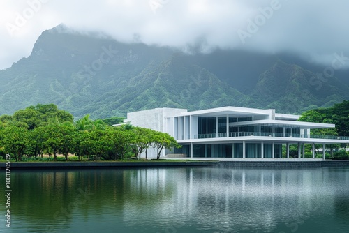modern architecture surrounded by lush greenery and mountains