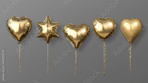 Foil gold 3d birthday metallic helium balloons of different shapes on a grey background photo