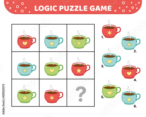 Logic puzzle game. Hot cup of tea or coffee. For kids. Cartoon