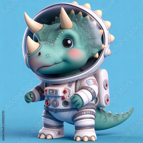 Cute Triceratops Dino Astronaut Cartoon ,3d Generative AI
 photo