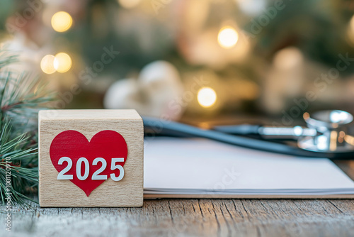 Red Heart with Stethoscope on Wooden Table, Happy New Year 2025 Concept