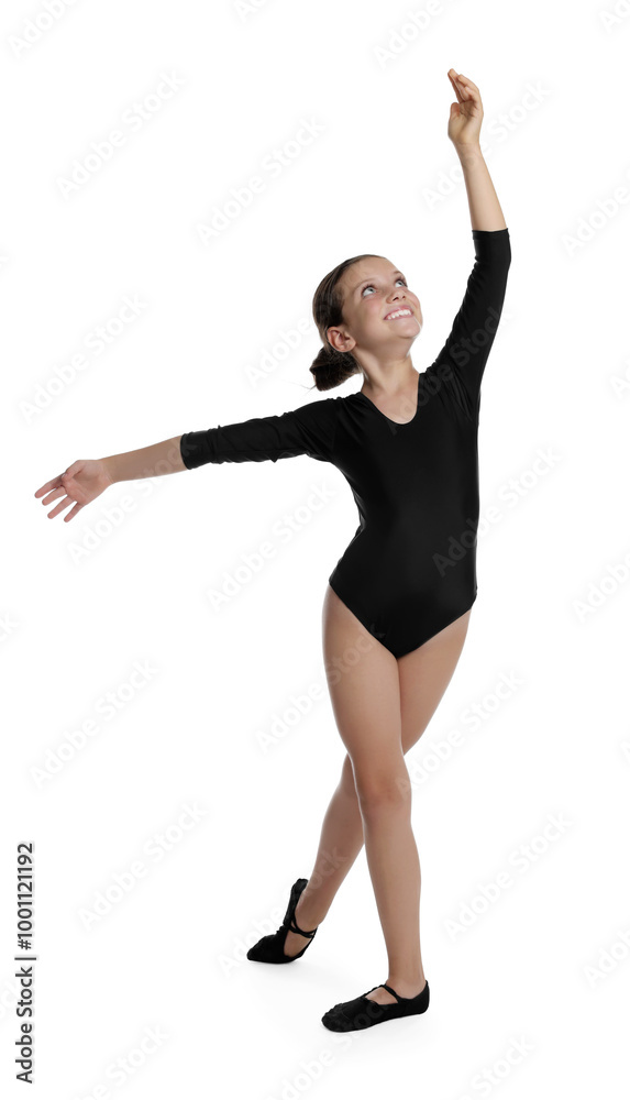 Little ballerina practicing dance moves on white background Little ballerina practicing dance moves on white background