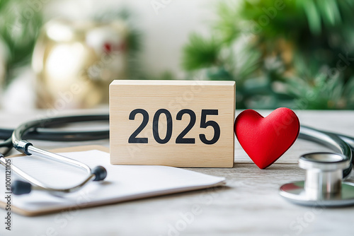 Red Heart with Stethoscope on Wooden Table, Happy New Year 2025 Concept