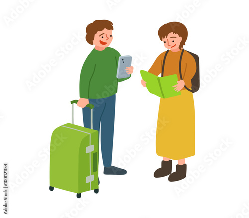 スマホと地図をみる旅行中のカップルのイラスト