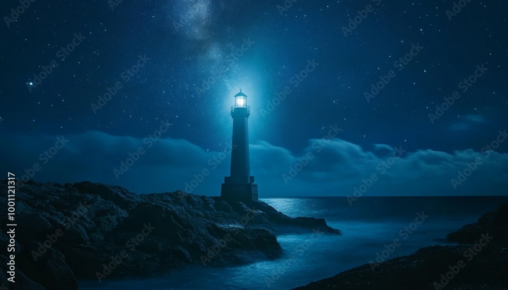 Lighthouse under the starry sky. Lighthouse beacon. Rocky coast with lighthouse. Celestial lighthouse. Lighthouse under the starry sky. Lighthouse beacon. Rocky coast with lighthouse. Celestial lighthouse.