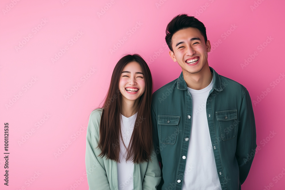 A young Asian couple dressed in casual everyday wear, caught in a moment of shared laughter happy lovebird on the solid background
A young Asian couple dressed in casual everyday wear, caught in a moment of shared laughter happy lovebird on the solid background