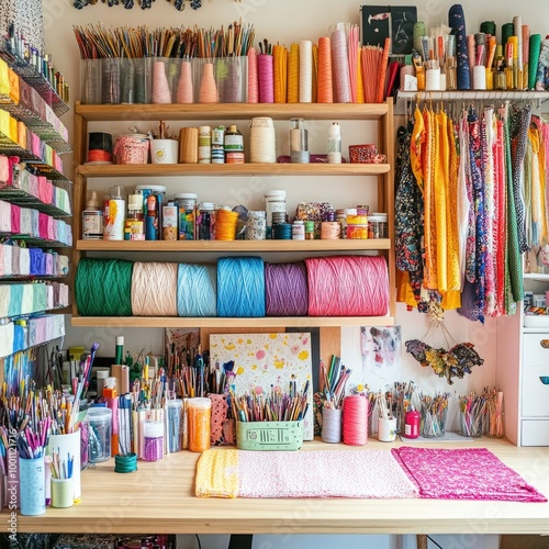 A DIY craft room shelf brimming with colorful fabrics, threads, and art supplies, showcasing the creative energy of a workspace.