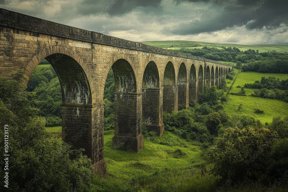 Fototapeta premium Dramatic stone bridge over lush green valley