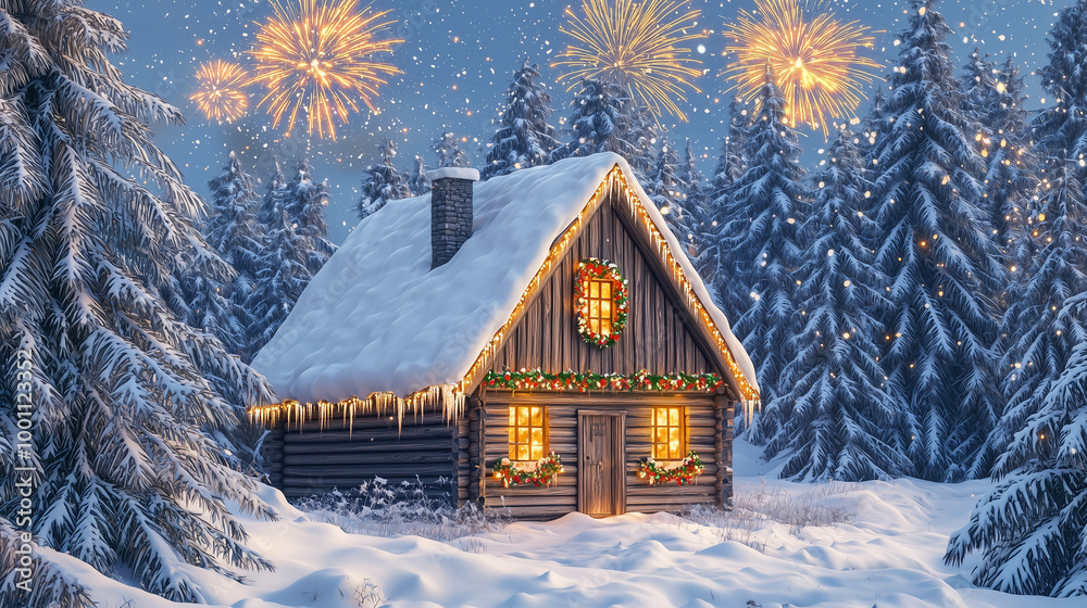 Cozy snow-covered cabin in a winter forest, decorated with Christmas lights. Fireworks light up the sky, creating a festive holiday scene, perfect for Christmas and New Year themes. Cozy snow-covered cabin in a winter forest, decorated with Christmas lights. Fireworks light up the sky, creating a festive holiday scene, perfect for Christmas and New Year themes.