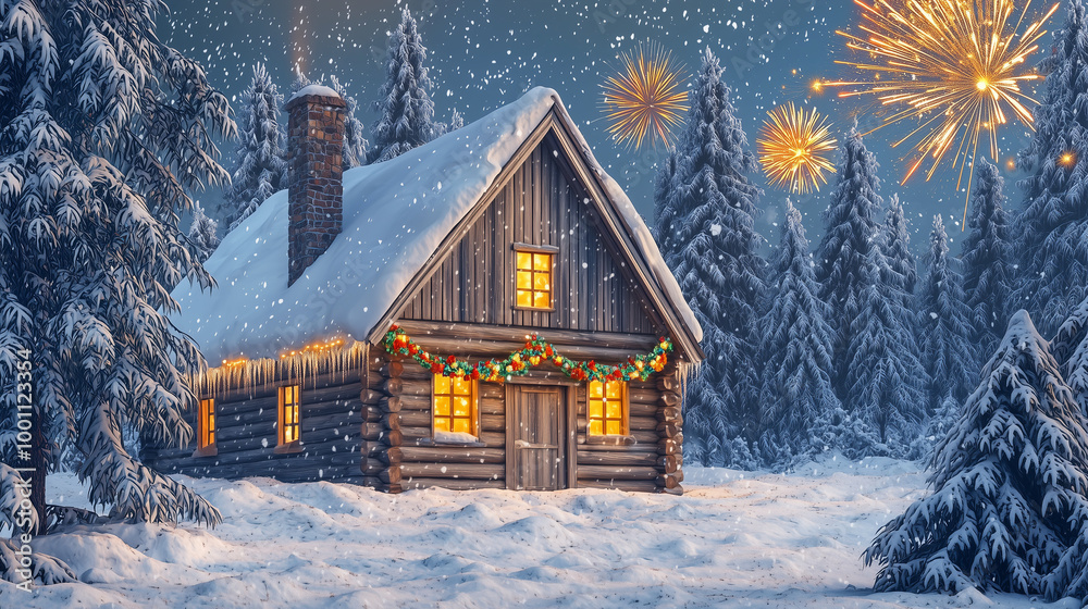 Cozy snow-covered cabin in a winter forest, decorated with Christmas lights. Fireworks light up the sky, creating a festive holiday scene, perfect for Christmas and New Year themes. Cozy snow-covered cabin in a winter forest, decorated with Christmas lights. Fireworks light up the sky, creating a festive holiday scene, perfect for Christmas and New Year themes.