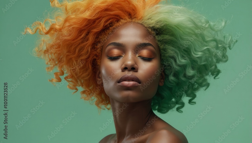 Person with short red and green voluminous curls against gradient background Person with short red and green voluminous curls against gradient background