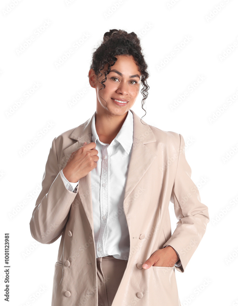 Beautiful woman in stylish jacket on white background Beautiful woman in stylish jacket on white background