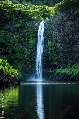 Lush tropical waterfall cascading into serene pool