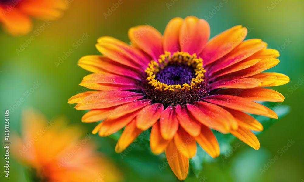A vibrant orange and red daisy blooms in a garden, its petals catching the sunlight A vibrant orange and red daisy blooms in a garden, its petals catching the sunlight